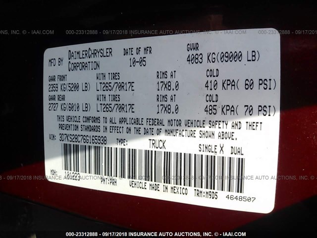 3D7KS28C76G165938 - 2006 DODGE RAM 2500 ST/SLT/LARAMIE წითელი ფოტო 9