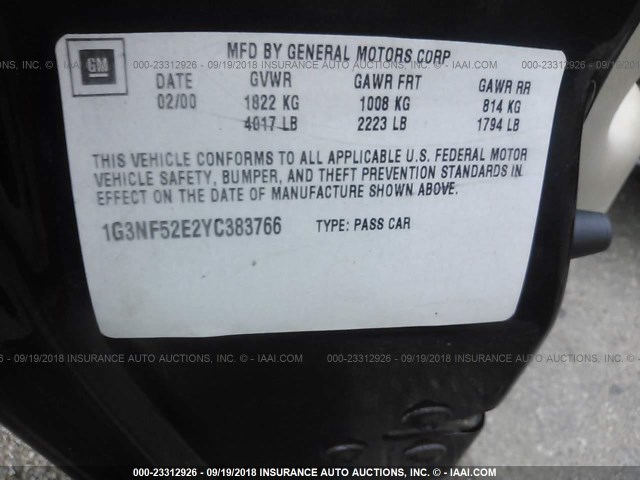 1G3NF52E2YC383766 - 2000 OLDSMOBILE ALERO GLS 黑色 照片 9