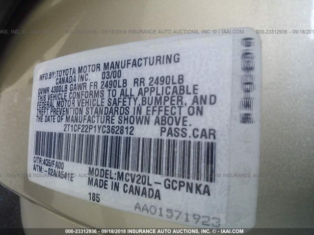 2T1CF22P1YC362812 - 2000 TOYOTA CAMRY SOLARA SE/SLE Qızıl foto 9