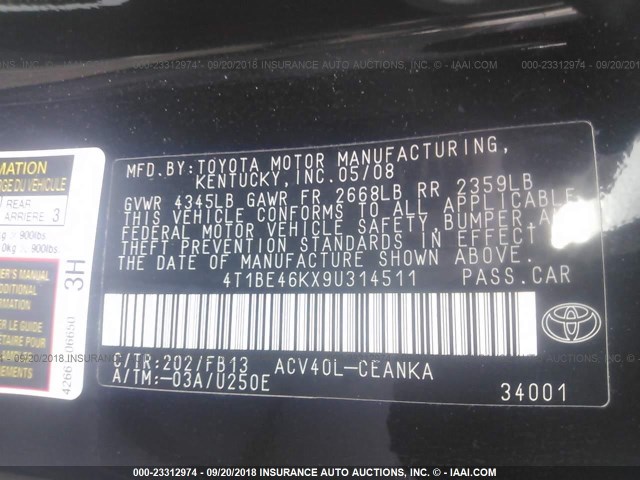 4T1BE46KX9U314511 - 2009 TOYOTA CAMRY SE/LE/XLE 黑色 照片 9