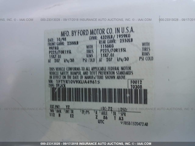 1FTYR10V9XUA49615 - 1999 FORD RANGER WHITE photo 9