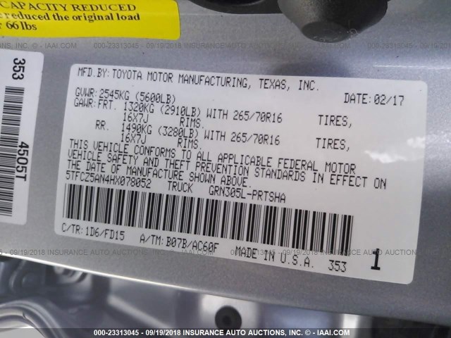 5TFCZ5AN4HX078052 - 2017 TOYOTA TACOMA DBL CAB/SR/TRDSPT/OR/PRO Boz foto 9