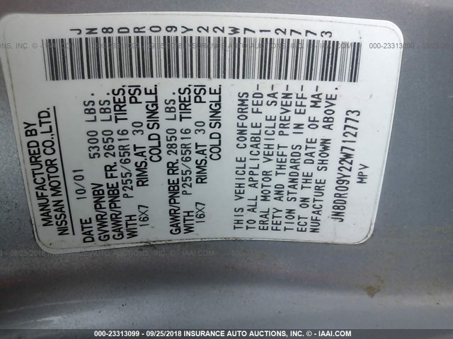 JN8DR09Y22W712773 - 2002 NISSAN PATHFINDER LE/SE SILVER photo 9