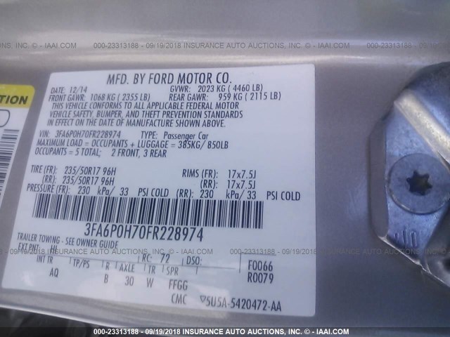 3FA6P0H70FR228974 - 2015 FORD FUSION SE SILVER photo 9