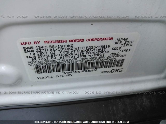 JA4AR3AW1GZ046550 - 2016 MITSUBISHI OUTLANDER SPORT ES/SE WHITE photo 9