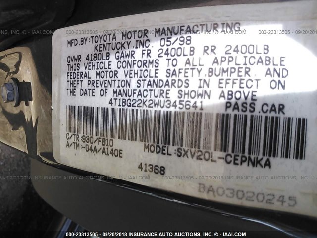 4T1BG22K2WU345641 - 1998 TOYOTA CAMRY CE/LE/XLE 灰色 照片 9