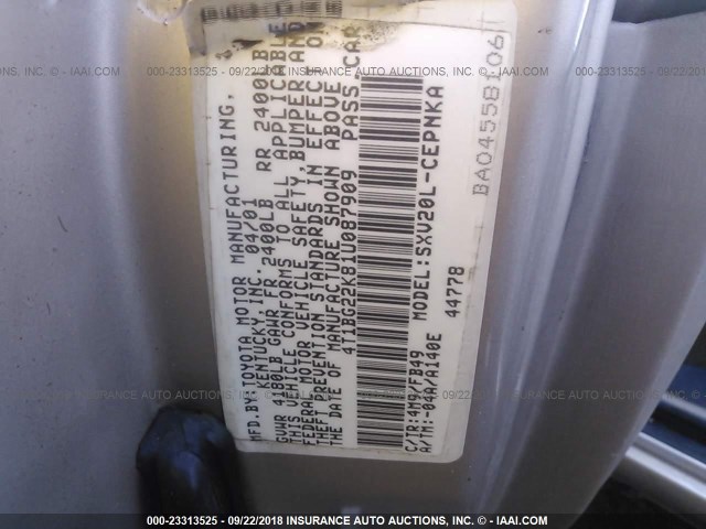 4T1BG22K81U087909 - 2001 TOYOTA CAMRY CE/LE/XLE 金色 照片 9