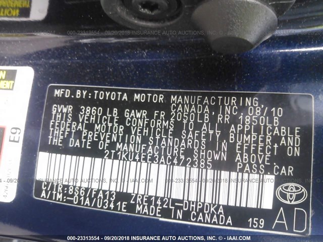 2T1KU4EE3AC472385 - 2010 TOYOTA COROLLA MATRIX  BLUE photo 9