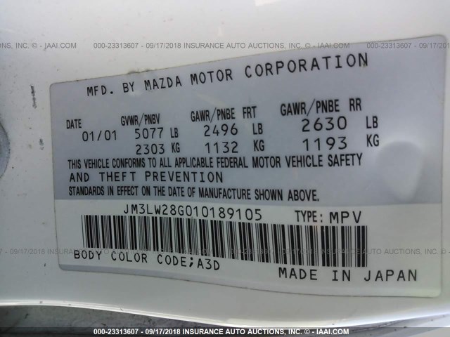 JM3LW28G010189105 - 2001 MAZDA MPV WAGON WHITE photo 9