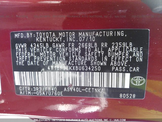 4T1BF3EKXBU634250 - 2011 TOYOTA CAMRY SE/LE/XLE 红色 照片 9