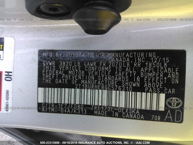 2T1BURHE8GC576310 - 2016 TOYOTA COROLLA L/LE/LE PLS/PRM/S/S PLS Արծաթագույն լուսանկար 9