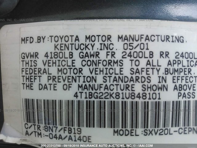 4T1BG22K81U848101 - 2001 TOYOTA CAMRY CE/LE/XLE 绿色 照片 9