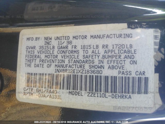 1NXBR12E1XZ183680 - 1999 TOYOTA COROLLA VE/CE/LE GREEN photo 9