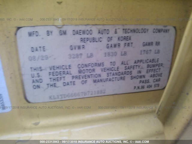 KL1TD66667B721882 - 2007 CHEVROLET AVEO LS YELLOW photo 9