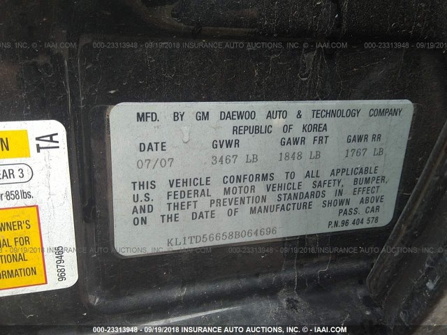 KL1TD56658B064696 - 2008 CHEVROLET AVEO LS BLACK photo 9
