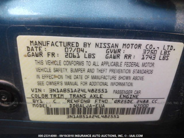 3N1AB51A24L482551 - 2004 NISSAN SENTRA 2.5S TURQUOISE photo 9