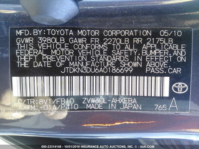 JTDKN3DU6A0186699 - 2010 TOYOTA PRIUS GRAY photo 9