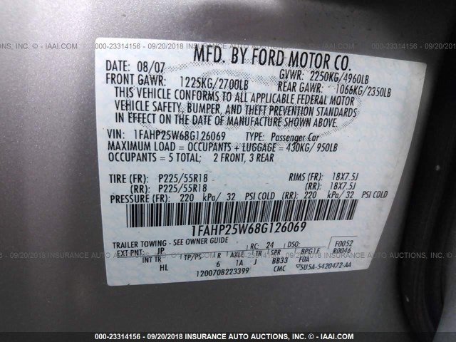 1FAHP25W68G126069 - 2008 FORD TAURUS LIMITED WHITE photo 9