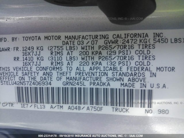 5TELU42N57Z406934 - 2007 TOYOTA TACOMA DOUBLE CAB 银色 照片 9