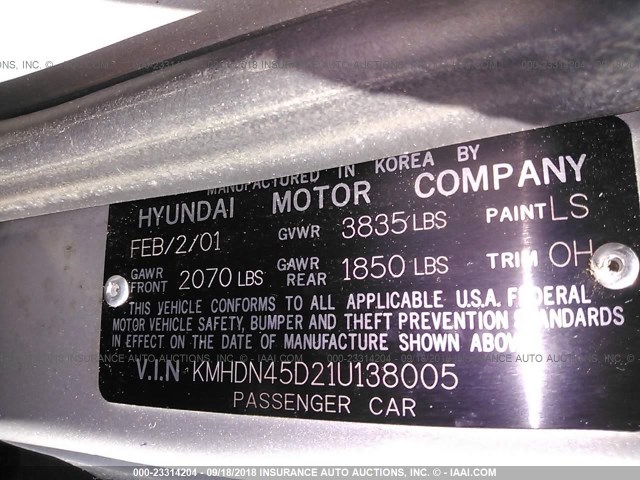 KMHDN45D21U138005 - 2001 HYUNDAI ELANTRA GLS/GT SILVER photo 9