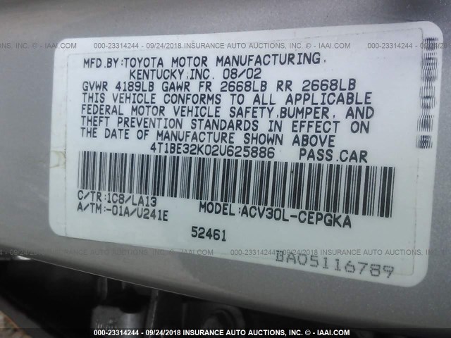 4T1BE32K02U625886 - 2002 TOYOTA CAMRY LE/XLE/SE Gümüş foto 9