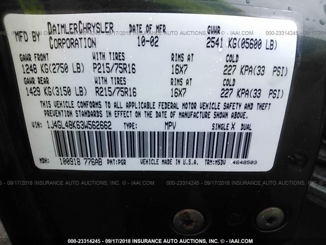 1J4GL48K63W562662 - 2003 JEEP LIBERTY SPORT/FREEDOM მწვანე ფოტო 9