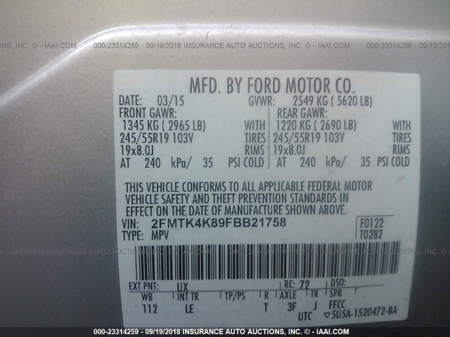 2FMTK4K89FBB21758 - 2015 FORD EDGE TITANIUM SILVER photo 9