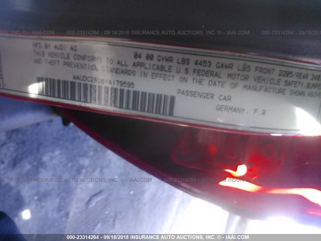 WAUDC28D8YA179595 - 2000 AUDI A4 1.8T QUATTRO RED photo 9