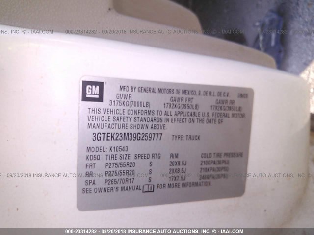 3GTEK23M39G259777 - 2009 GMC SIERRA K1500 SLE WHITE photo 9