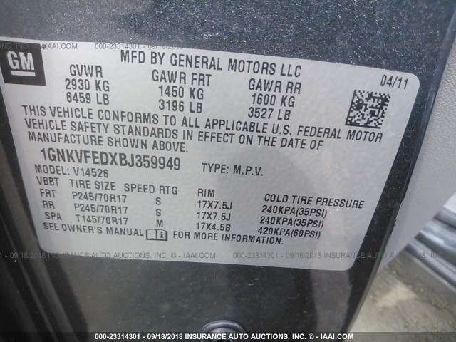 1GNKVFEDXBJ359949 - 2011 CHEVROLET TRAVERSE LS GRAY photo 9