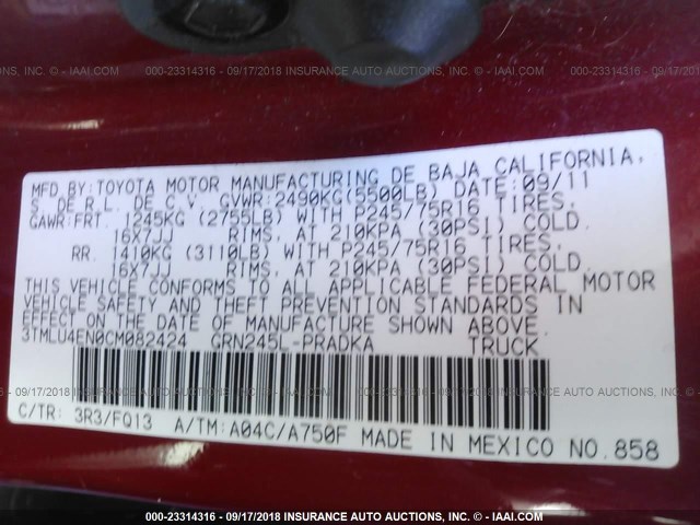 3TMLU4EN0CM082424 - 2012 TOYOTA TACOMA DOUBLE CAB 红色 照片 9