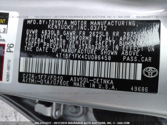 4T1BF1FK4CU086458 - 2012 TOYOTA CAMRY SE/LE/XLE 银色 照片 9