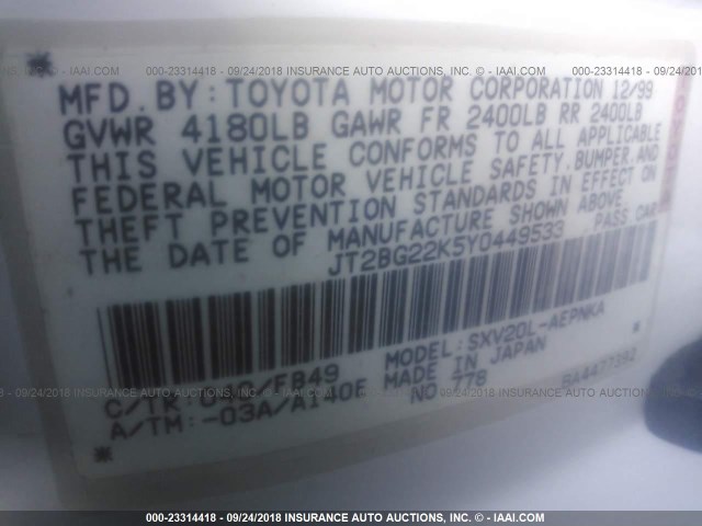 JT2BG22K5Y0449533 - 2000 TOYOTA CAMRY CE/LE/XLE WHITE photo 9