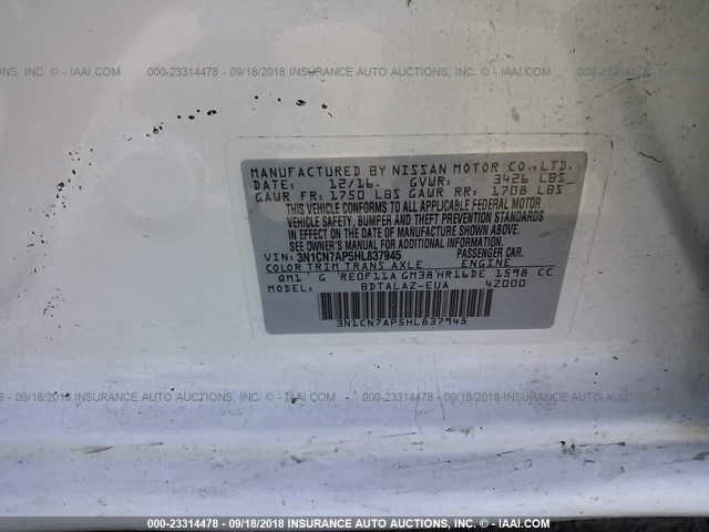 3N1CN7AP5HL837945 - 2017 NISSAN VERSA S/S PLUS/SV/SL WHITE photo 9