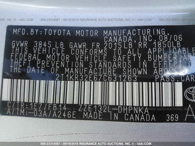 2T1KR32E67C631263 - 2007 TOYOTA COROLLA MATRIX XR GRAY photo 9