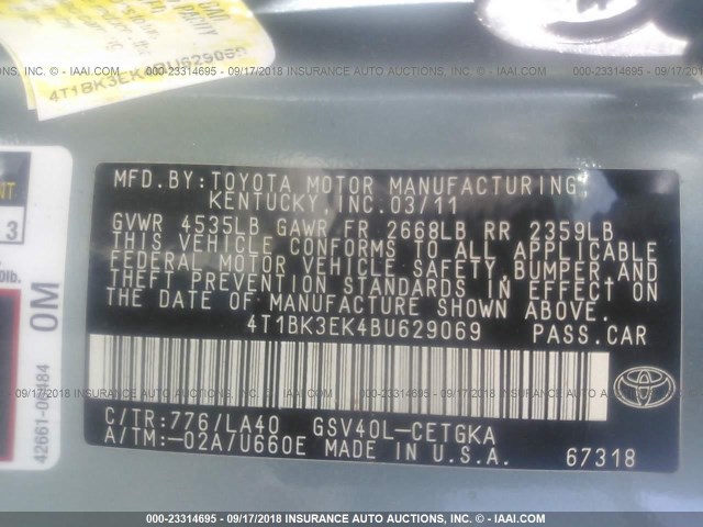 4T1BK3EK4BU629069 - 2011 TOYOTA CAMRY SE/LE/XLE 绿色 照片 9