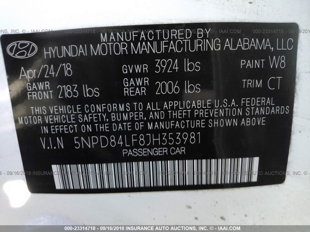 5NPD84LF8JH353981 - 2018 HYUNDAI ELANTRA SEL/VALUE/LIMITED WHITE photo 9