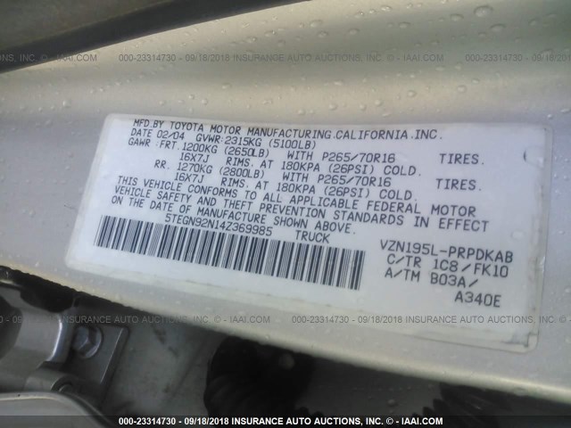 5TEGN92N14Z369985 - 2004 TOYOTA TACOMA DOUBLE CAB PRERUNNER SILVER photo 9