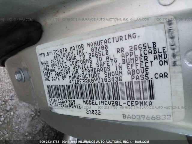 4T1BF22K0YU103436 - 2000 TOYOTA CAMRY LE/XLE SILVER photo 9