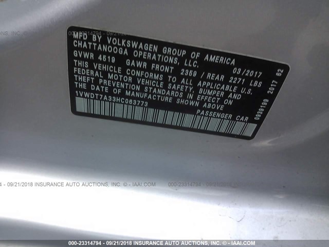 1VWDT7A33HC063773 - 2017 VOLKSWAGEN PASSAT R-LINE Gümüş foto 9