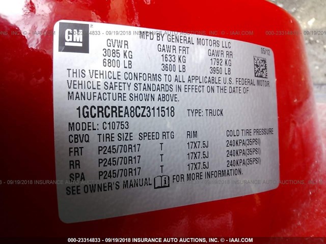 1GCRCREA8CZ311518 - 2012 CHEVROLET SILVERADO C1500  LS RED photo 9