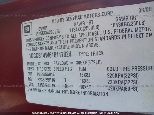 1GCCS14W618117824 - 2001 CHEVROLET S TRUCK S10 RED photo 9