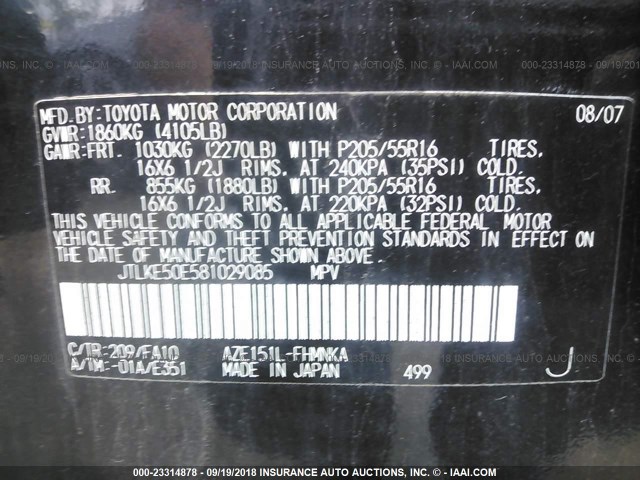 JTLKE50E581029085 - 2008 TOYOTA SCION XB Negro foto 9