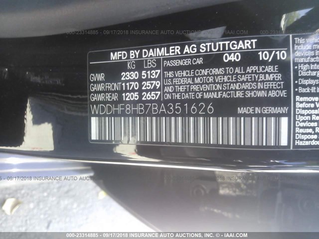 WDDHF8HB7BA351626 - 2011 MERCEDES-BENZ E 350 4MATIC BLACK photo 9