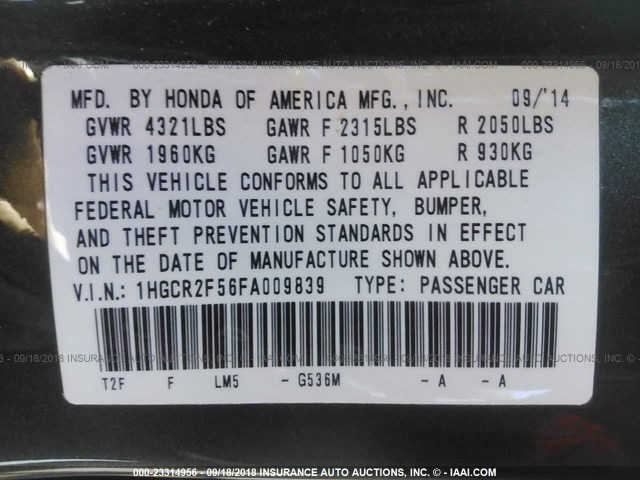 1HGCR2F56FA009839 - 2015 HONDA ACCORD SPORT GRAY photo 9