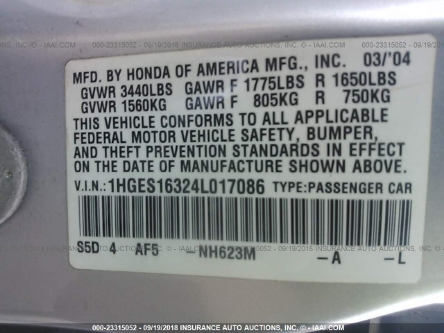 1HGES16324L017086 - 2004 HONDA CIVIC DX VP SILVER photo 9