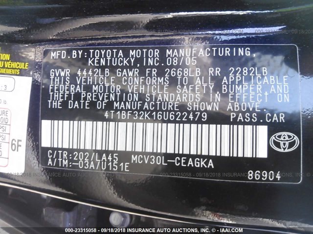 4T1BF32K16U622479 - 2006 TOYOTA CAMRY LE/XLE/SE 黑色 照片 9