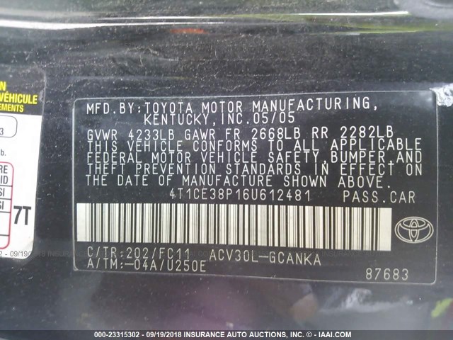4T1CE38P16U612481 - 2006 TOYOTA CAMRY SOLARA SE/SLE Qara foto 9