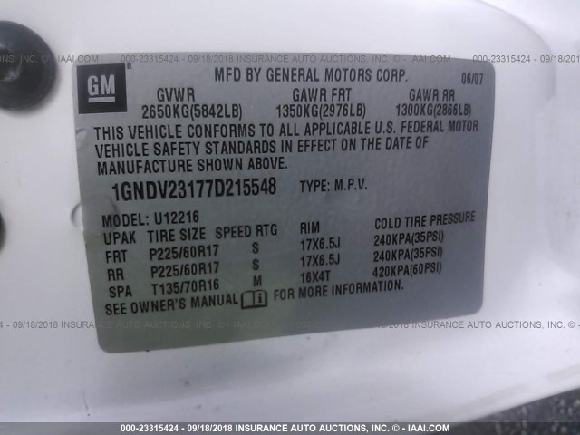 1GNDV23177D215548 - 2007 CHEVROLET UPLANDER LS WHITE photo 9