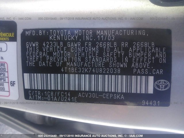 4T1BE32K74U822038 - 2004 TOYOTA CAMRY LE/XLE/SE Күміс фото 9